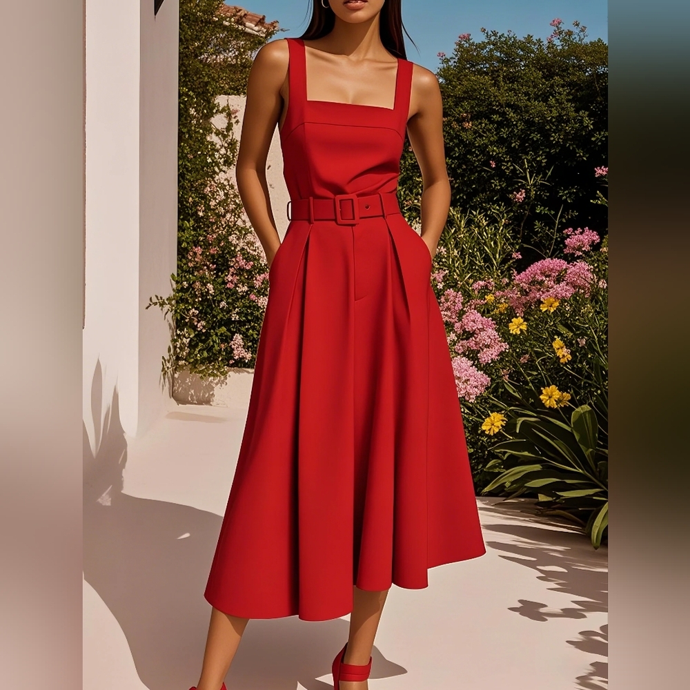 Fettaute Red Square Neck Sleeveless A-Line Belted Pockets Midi Dress Size 6 NWT